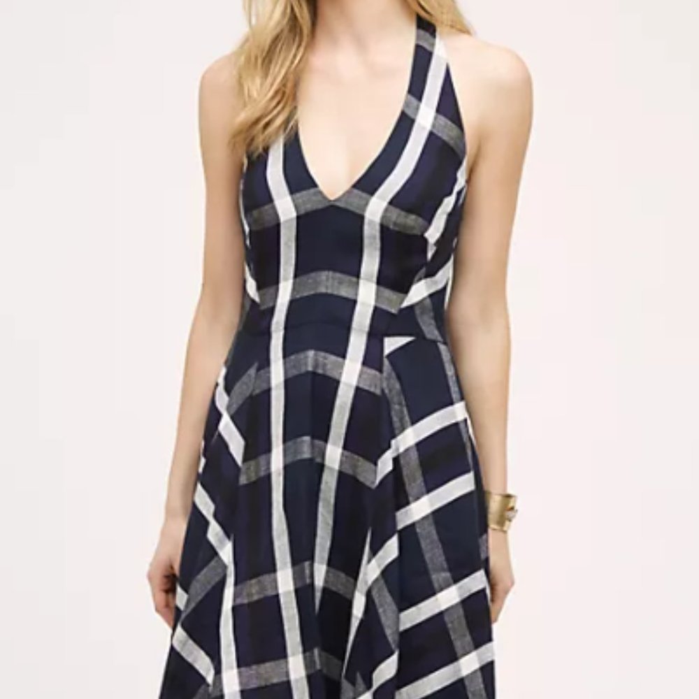 Anthropologie Eva Franco Navy Plaid Halter Dress - Size 8